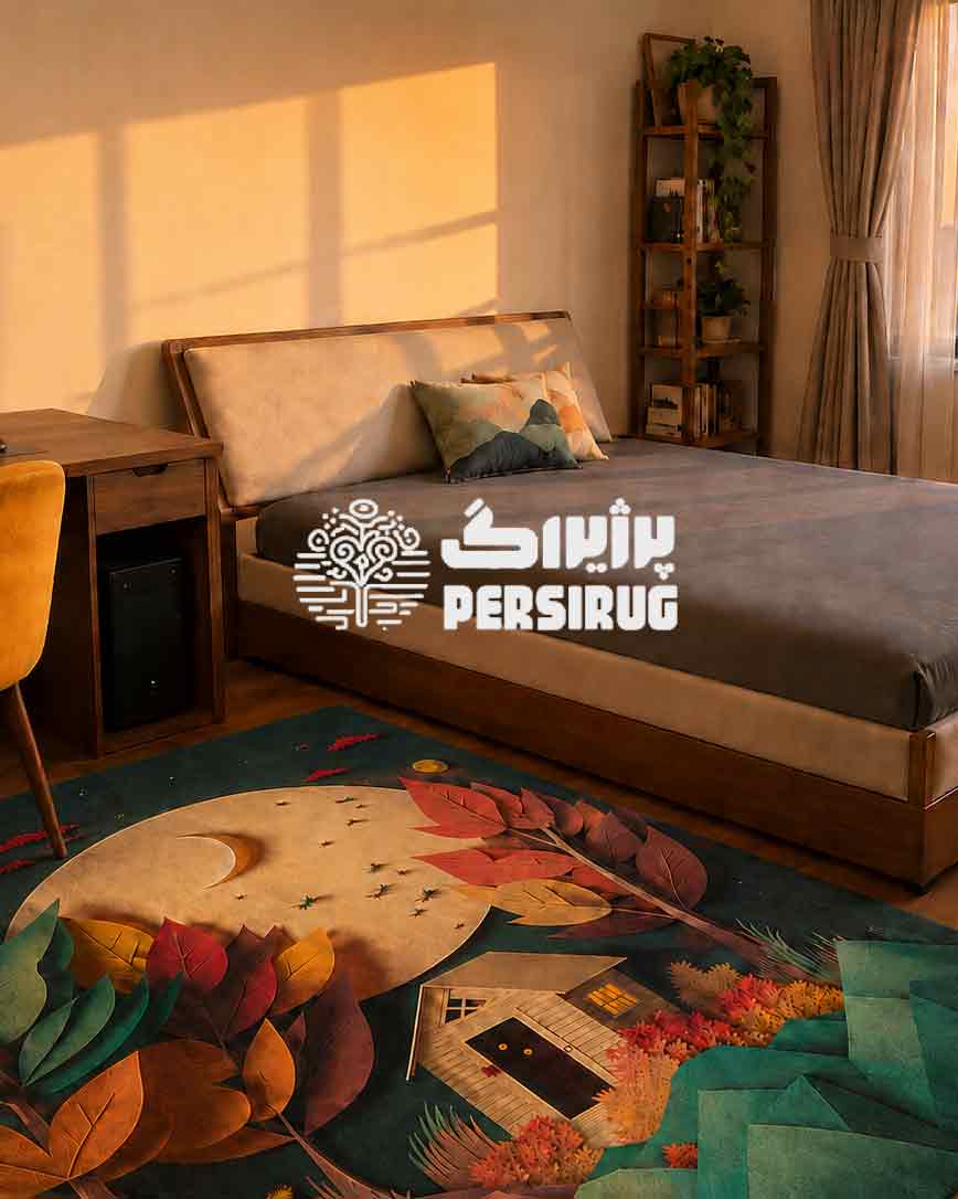 فرش سهبعدی کودک طرح کلبه مهتاب با ماه درخشان، کلبه جنگلی، درختان، کوهها و رنگهای سرمهای، کرم و نارنجی برای دکور اتاق کودک