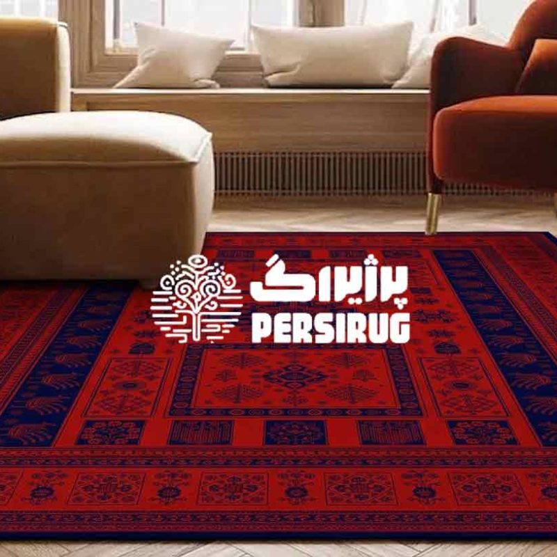 فرش ماشینی طرح کتیبه سرخ ریحان کارپت با نقش ترنج هندسی و حاشیه سنتی قرمز لاکی و سرمهای