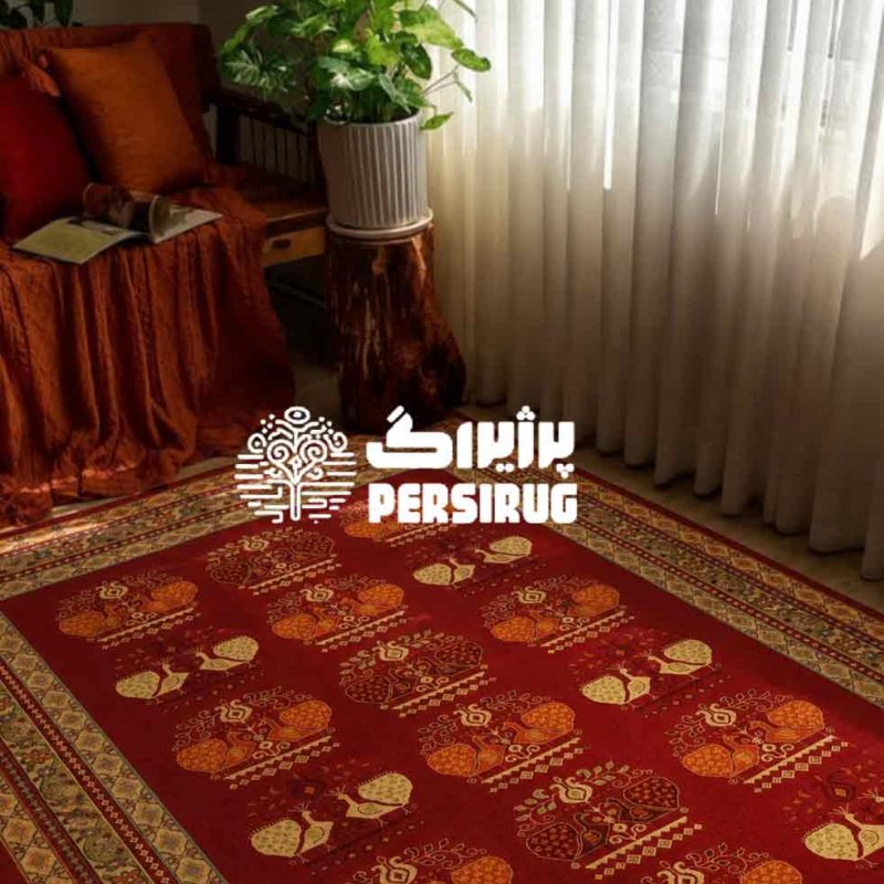 فرش ماشینی باغ قمری زمینه لاکی با حاشیه اسلیمی و نقوش پرنده