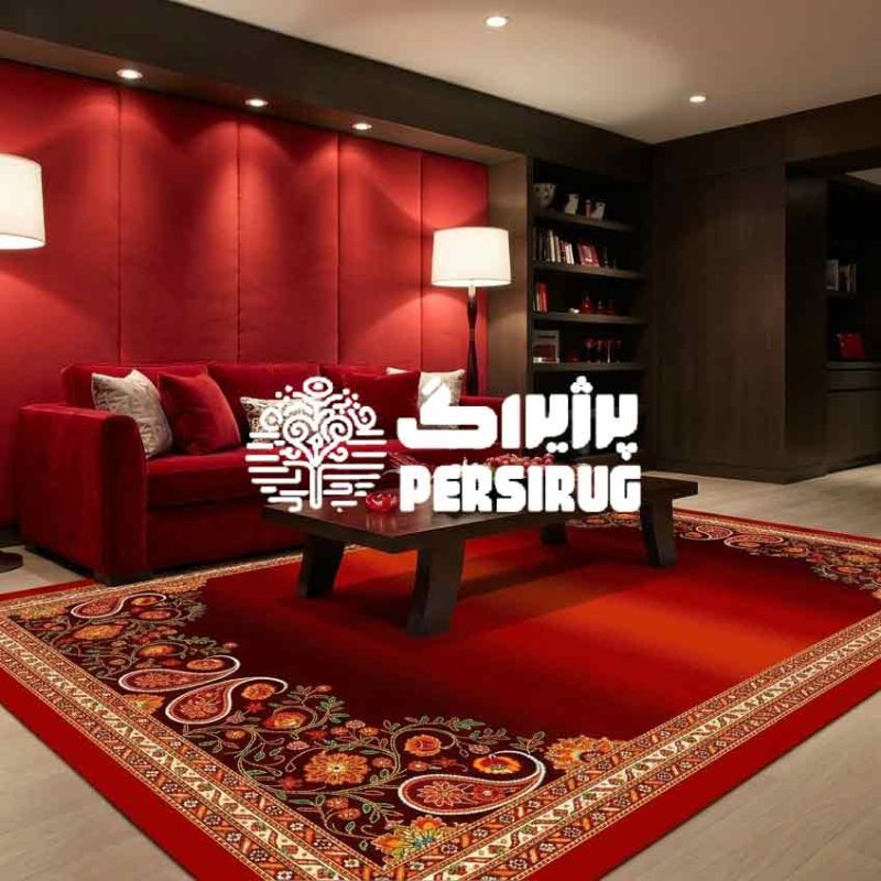 فرش ایرانی طرح شاهنقش سرخ با زمینه قرمز تیره، قاب حاشیهای هندسی کرم و نارنجی و نقش گلوبوته و بتهجقه در قسمت بالا و پایین.