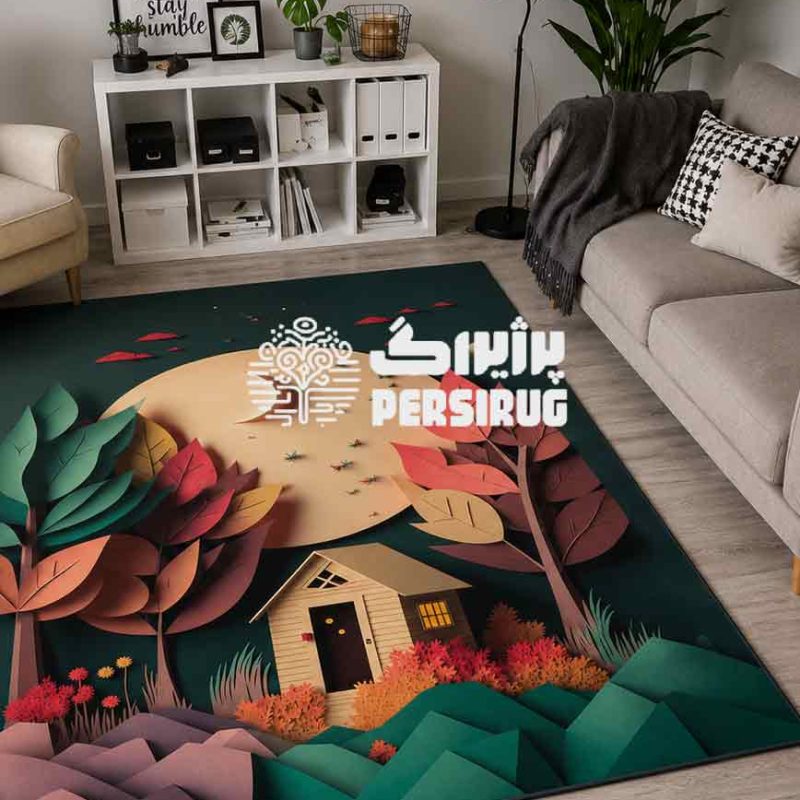 فرشینه سهبعدی کودک طرح کلبه مهتاب با ماه درخشان، کلبه جنگلی، درختان، کوهها و رنگهای سرمهای، کرم و نارنجی برای دکور اتاق کودک