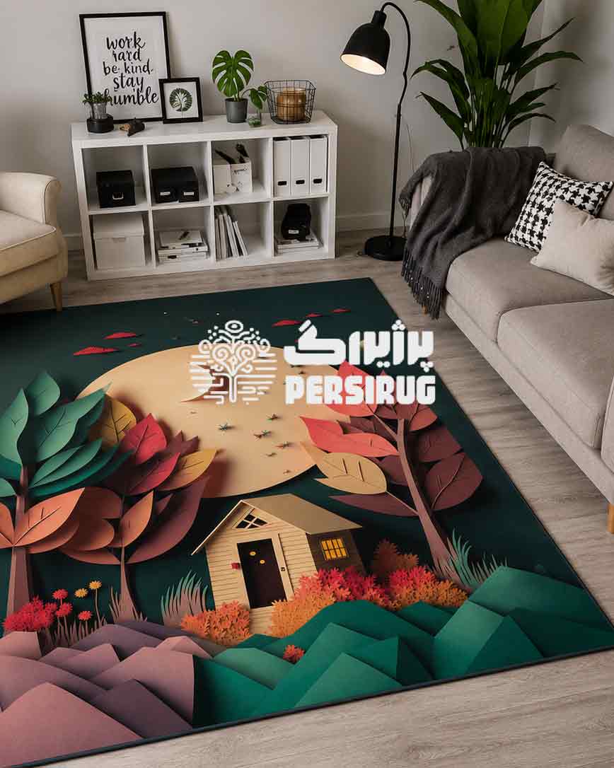 فرشینه سهبعدی کودک طرح کلبه مهتاب با ماه درخشان، کلبه جنگلی، درختان، کوهها و رنگهای سرمهای، کرم و نارنجی برای دکور اتاق کودک
