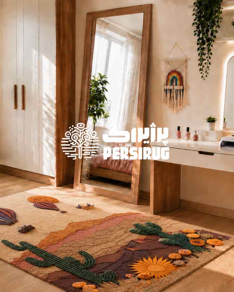 فرش سهبعدی کودک طرح کویر خیال با بالون های رنگی، کاکتوسها، کوههای کویری و رنگهای گرم نارنجی، زرشکی و کرم برای دکور اتاق کودک