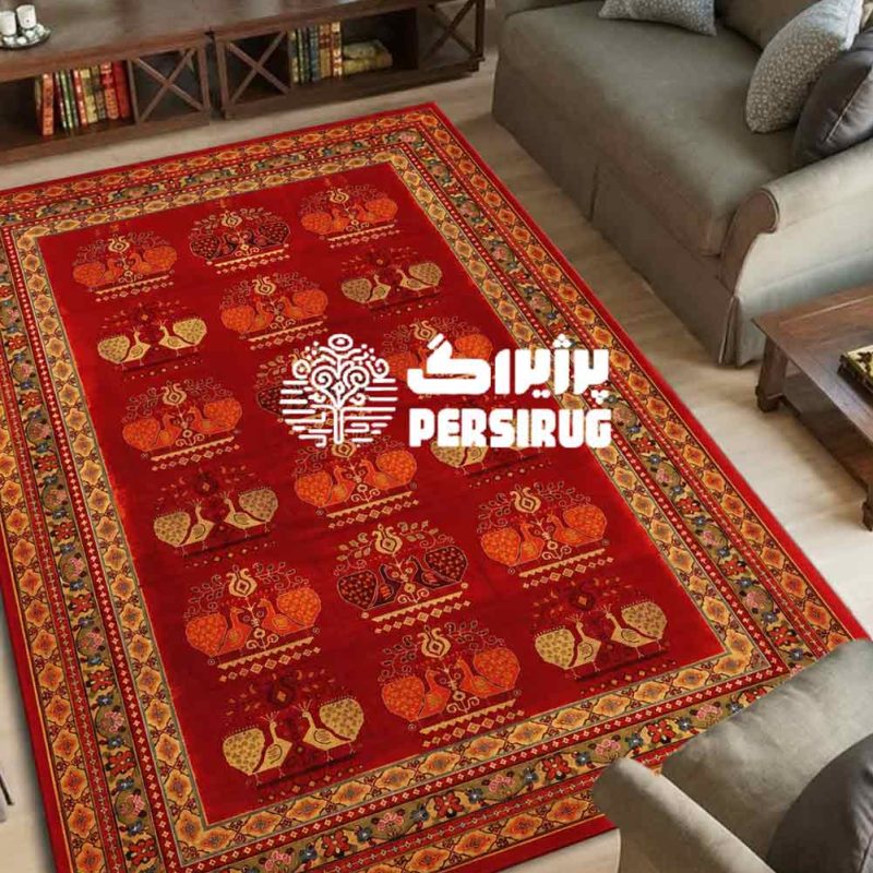 فرشینه ماشینی باغ قمری زمینه لاکی با حاشیه اسلیمی و نقوش پرنده