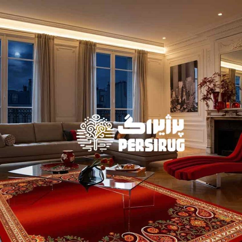 فرشینه طرح شاه‌نقش سرخ با زمینه قرمز تیره، قاب حاشیه‌ای هندسی کرم و نارنجی و نقش گل‌وبوته و بته‌جقه در قسمت بالا و پایین.