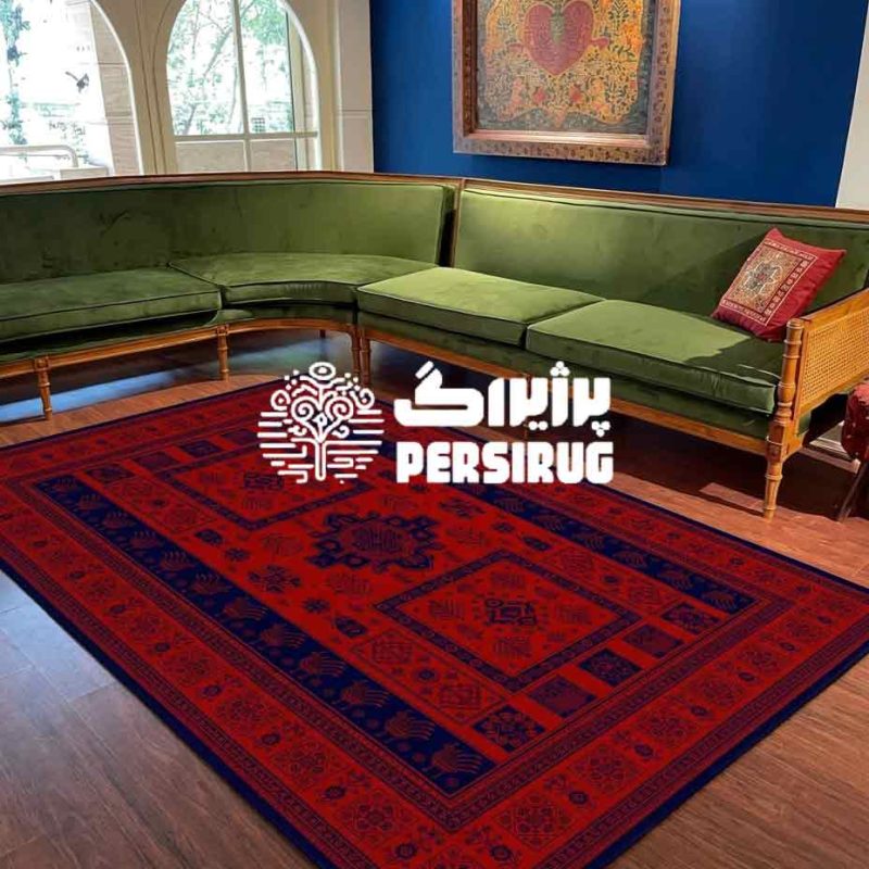 فرشینه طرح کتیبه سرخ ریحان کارپت با نقش ترنج هندسی و حاشیه سنتی قرمز لاکی و سرمهای