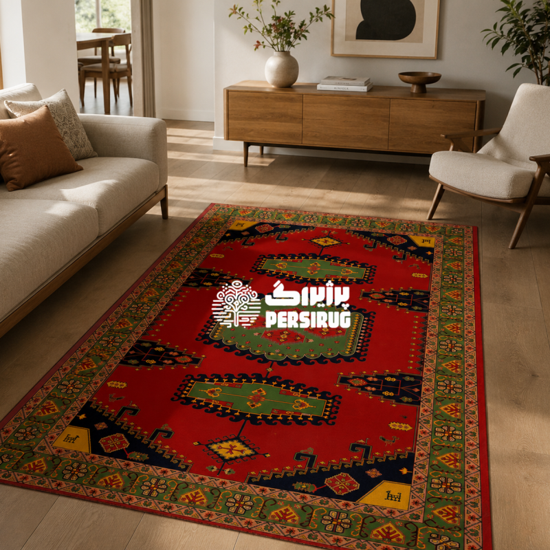 فرشینه شاهنشین با طرح سنتی ایرانی و ترکیب رنگهای گرم و اصیل
