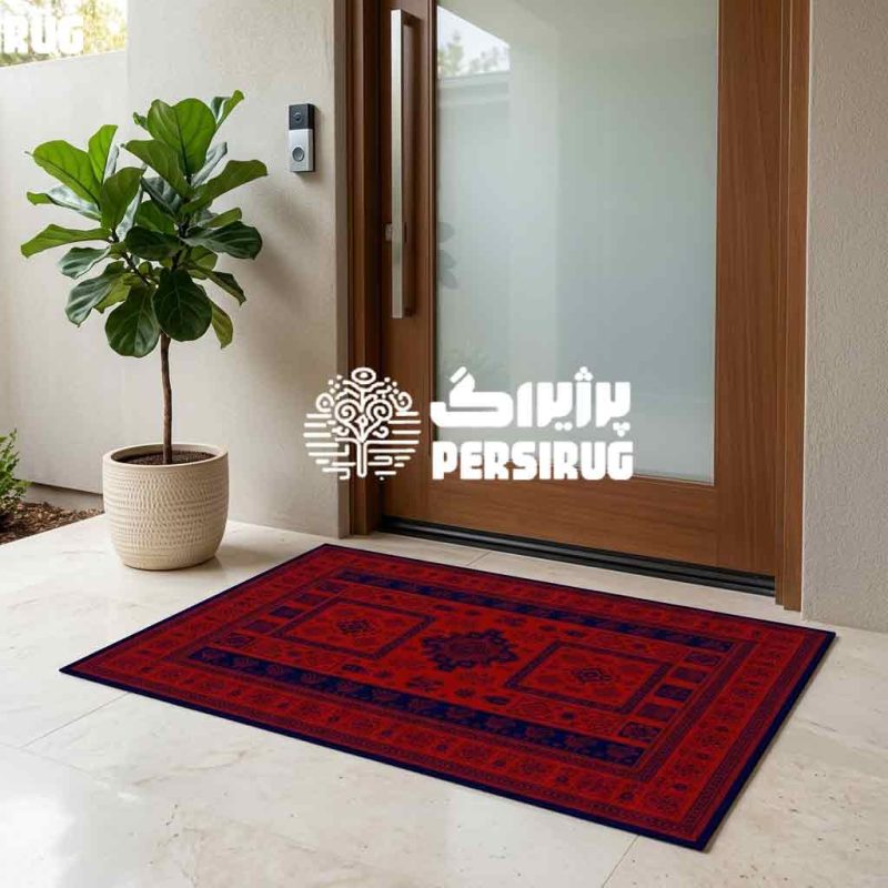 فرش ماشینی طرح کتیبه سرخ ریحان کارپت با نقش ترنج هندسی و حاشیه سنتی قرمز لاکی و سرمه‌ای