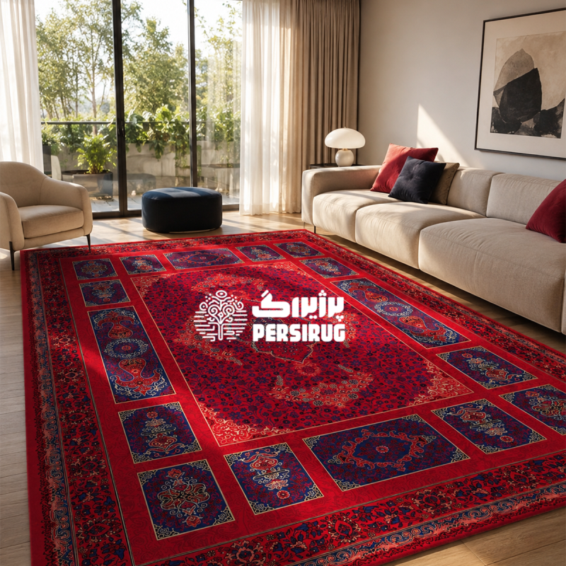 فرشینه آذین سرخ با زمینه قرمز و طرح سنتی ایرانی، دارای نقوش ظریف و چشمنواز در رنگهای قرمز و سرمهای.