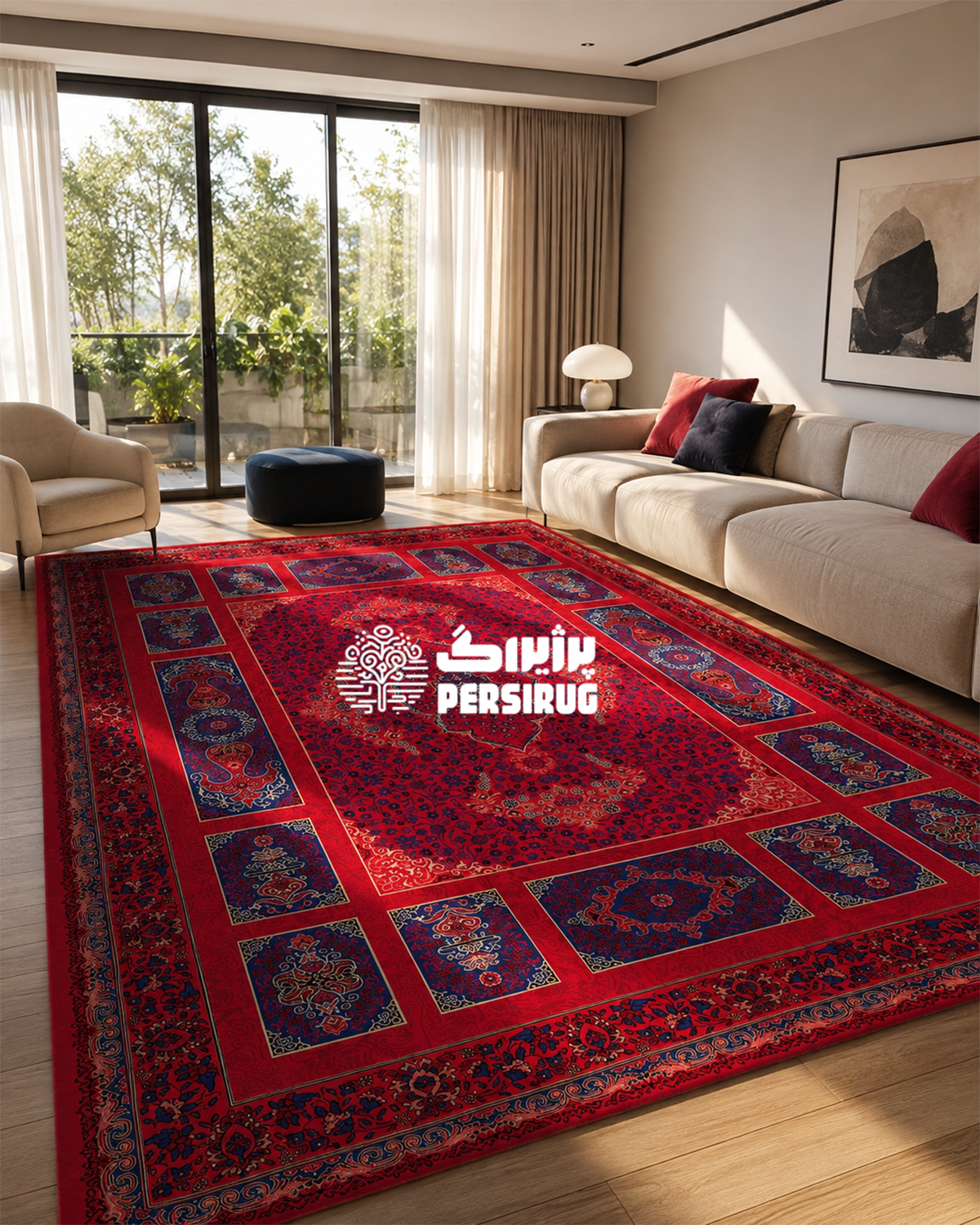 فرشینه آذین سرخ با زمینه قرمز و طرح سنتی ایرانی، دارای نقوش ظریف و چشمنواز در رنگهای قرمز و سرمهای.