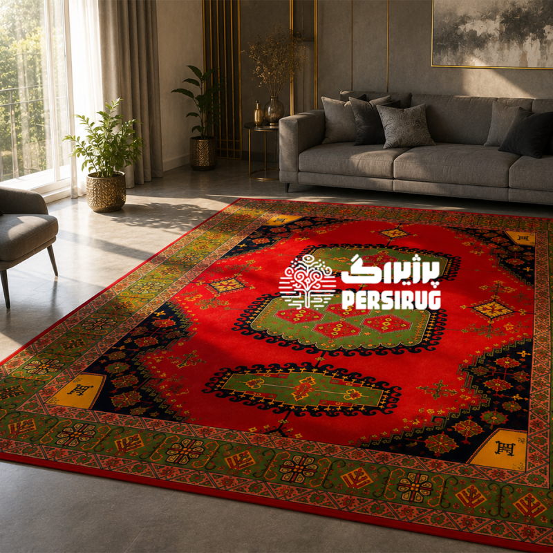 فرشینه شاهنشین با طرح سنتی ایرانی و ترکیب رنگهای گرم و اصیل
