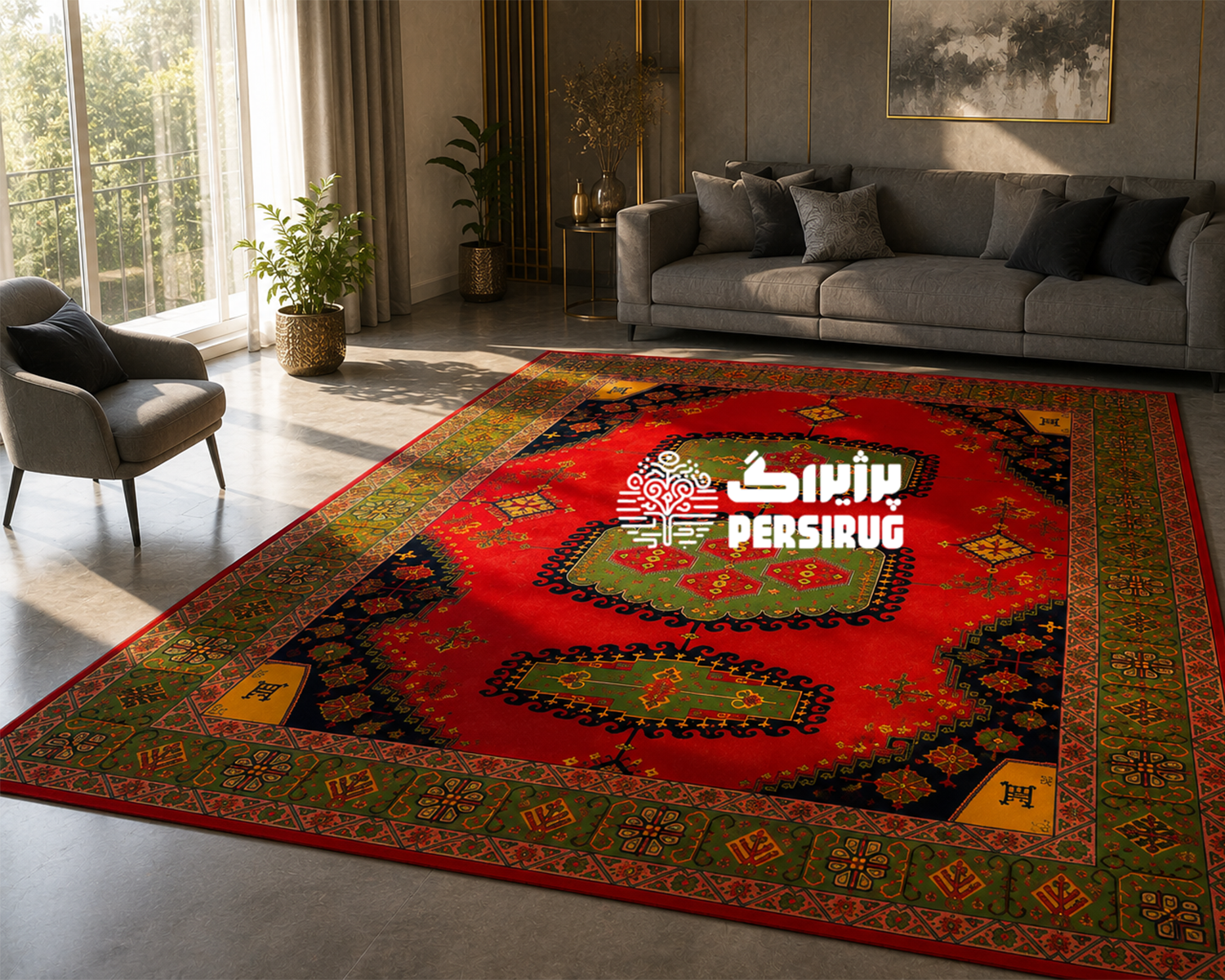 فرشینه شاهنشین با طرح سنتی ایرانی و ترکیب رنگهای گرم و اصیل