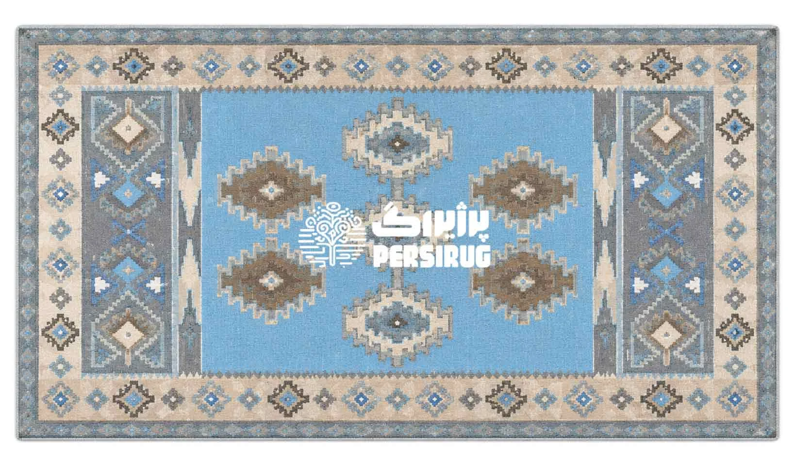 نمای نزدیک گوشه پادری طرح ۲۸۲۵ آبی و کرم با نقوش هندسی و لبه دوردوزیشده زیر نور طبیعی آفتاب