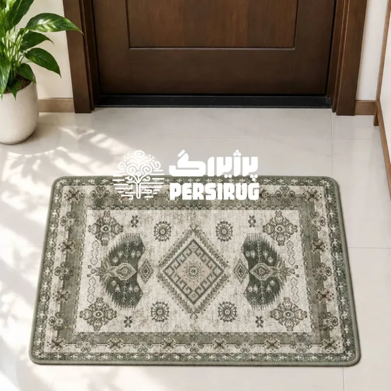 پادری زیره چرم طرح کتیبه با لچک ترنج هندسی و حاشیه قالی