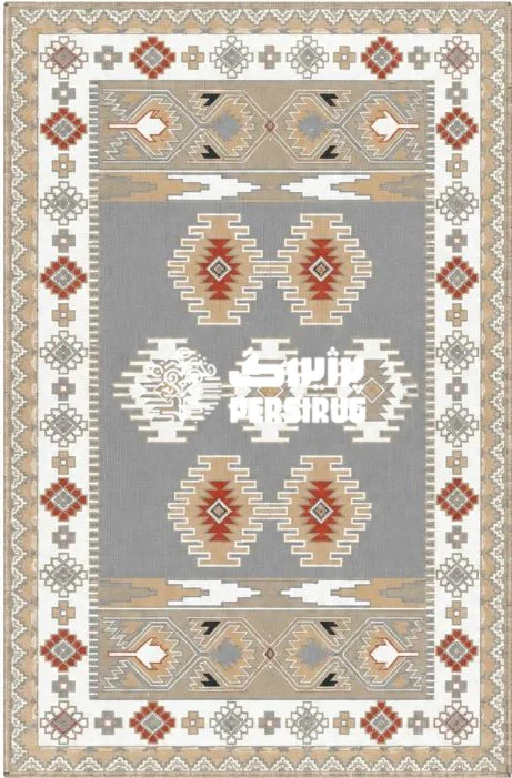 پادری زیره چرم طرح لوزیهای کویری طوسی و کرم با نقشهای هندسی آجری و حاشیهٔ باریک، روی زمینهٔ روشن