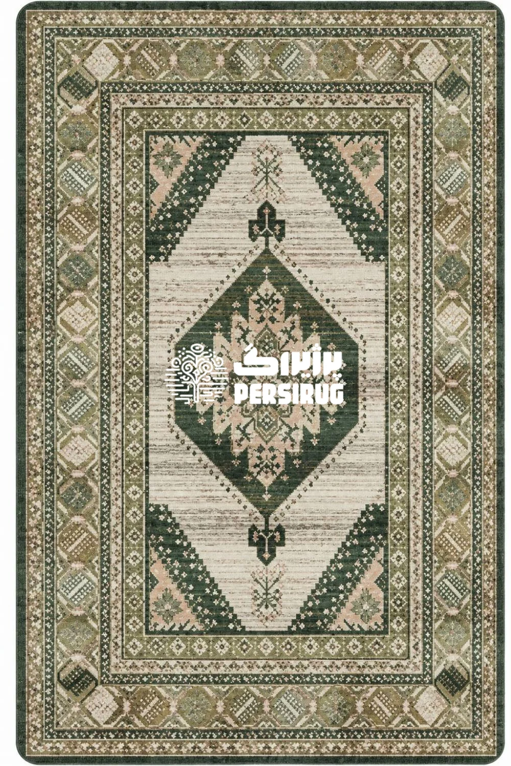 پادری زیره چرم طرح بوم سپیدهدم با نقش ترنج مرکزی، حاشیه ظریف و ترکیب رنگی طوسی، کرم و سبز زیتونی ملایم.