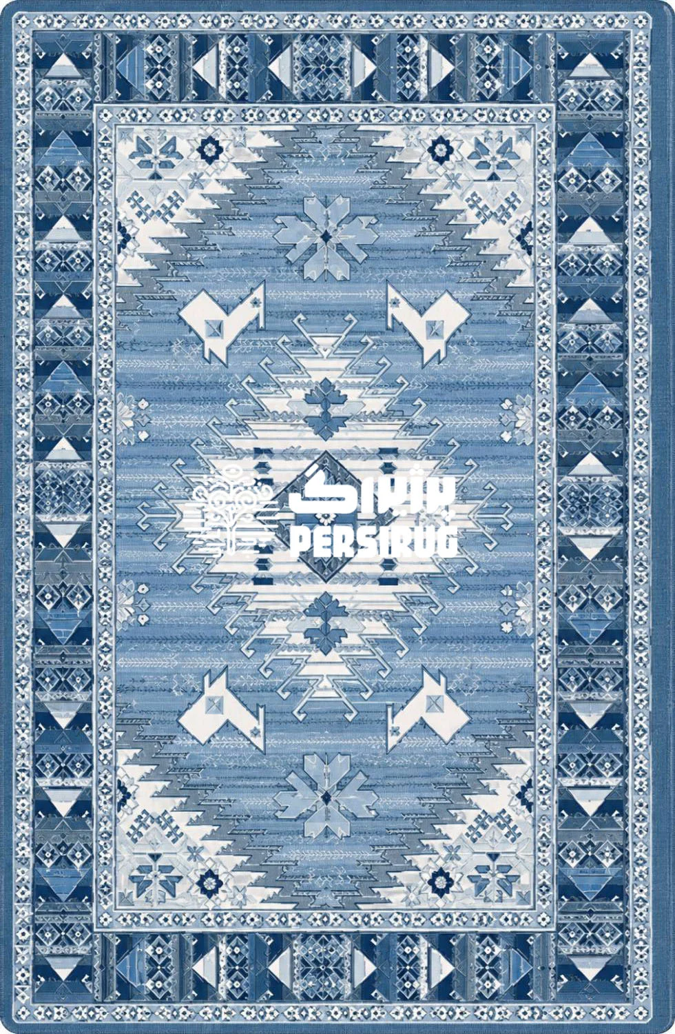 فرشینه زیره چرم نگین آبی با طرح هندسی و سنتی در طیف رنگهای آبی و سفید