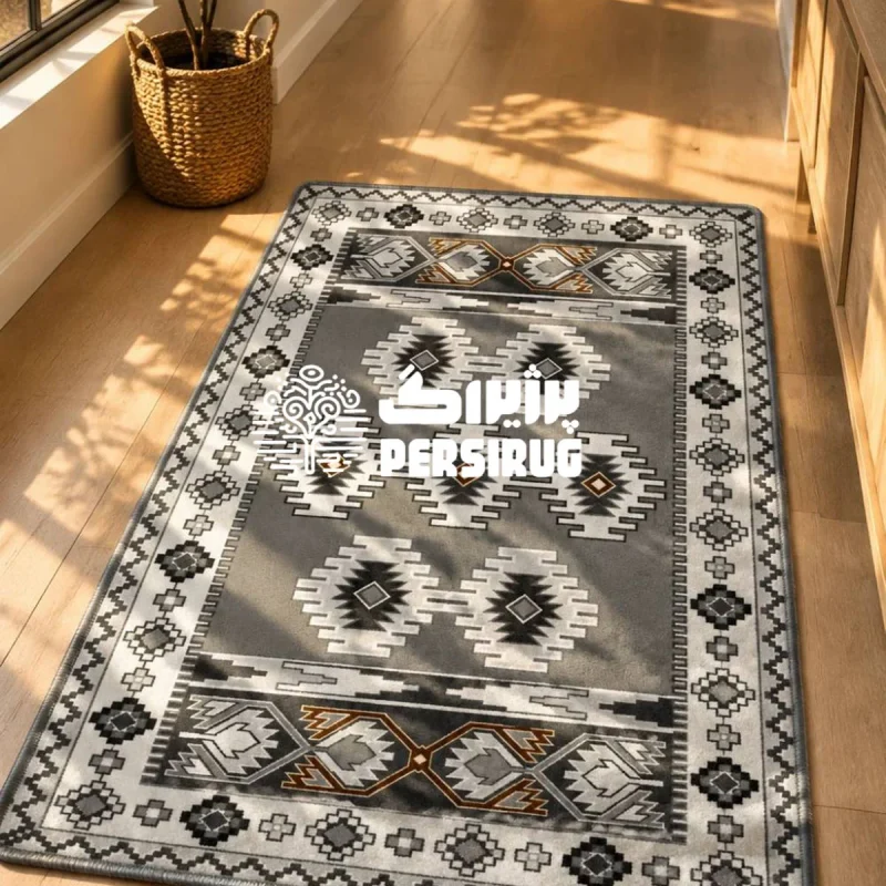 فرشینه زیره چرم مدرن طرح«چشمنظر» با نقوش هندسی طوسی و سفید.