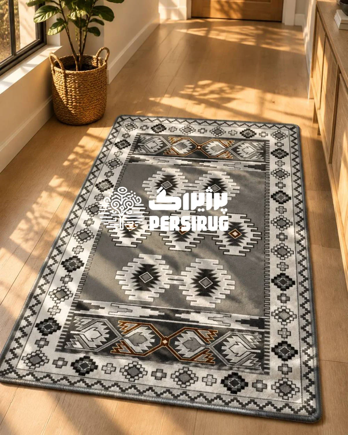 فرشینه زیره چرم مدرن طرح«چشمنظر» با نقوش هندسی طوسی و سفید.