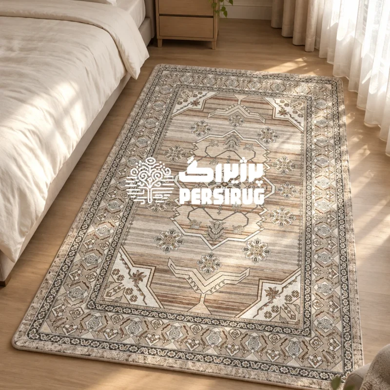 فرشینه زیره چرم سپیدار با طرح اصیل و هندسی، زمینه کرم و ترکیب رنگ طوسی و قهوهای روشن، مناسب دکوراسیون منزل