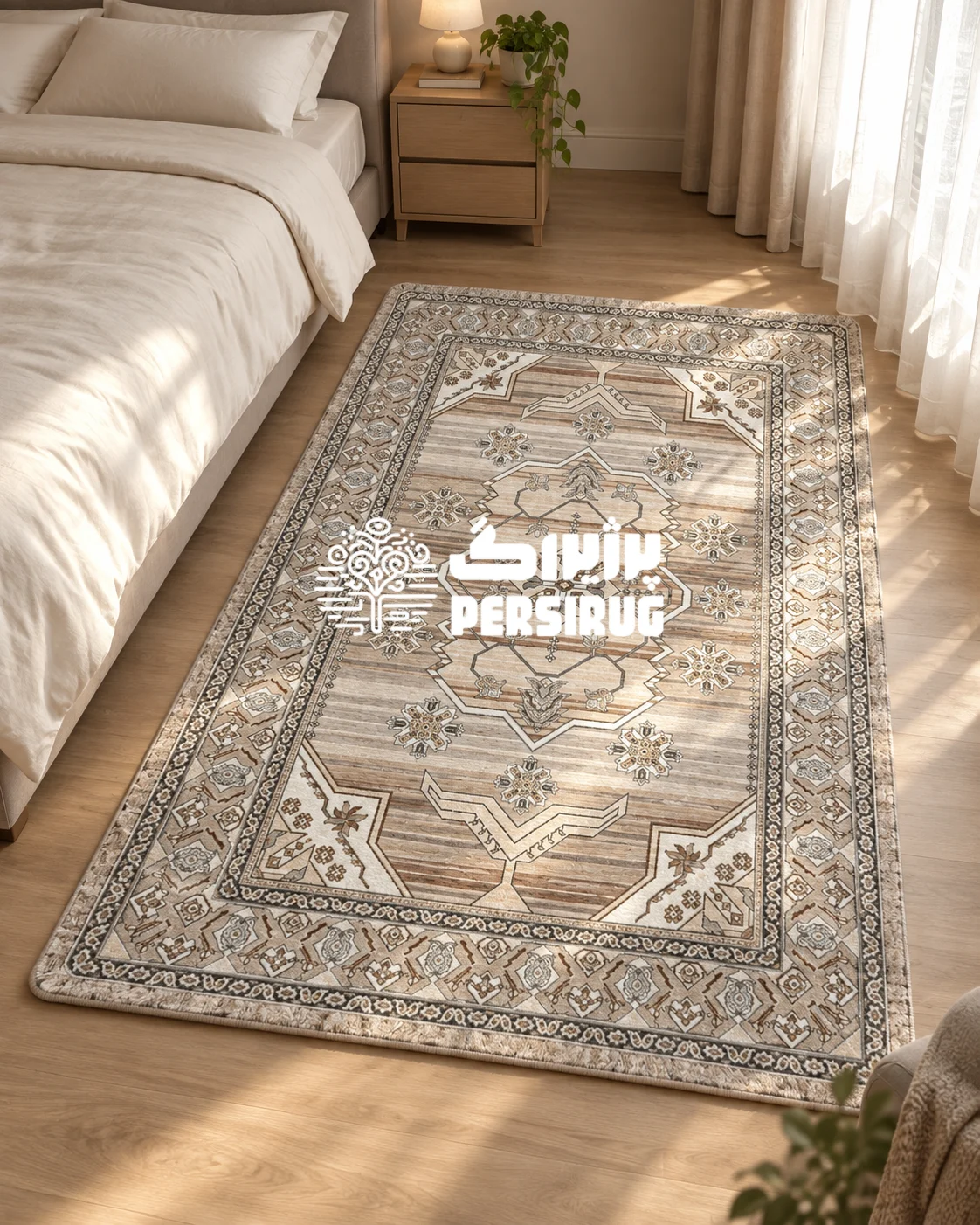 فرشینه زیره چرم سپیدار با طرح اصیل و هندسی، زمینه کرم و ترکیب رنگ طوسی و قهوهای روشن، مناسب دکوراسیون منزل