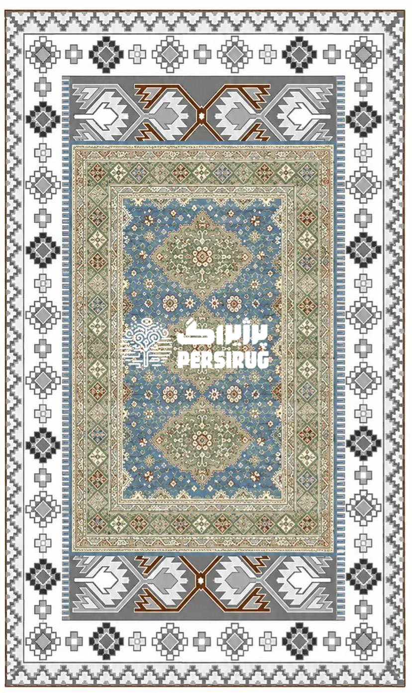 پادری زیره چرم طرح سه ترنج با زمینه آبی، سه ترنج سبز در مرکز و حاشیههای هندسی الهامگرفته از هنر ایرانی.