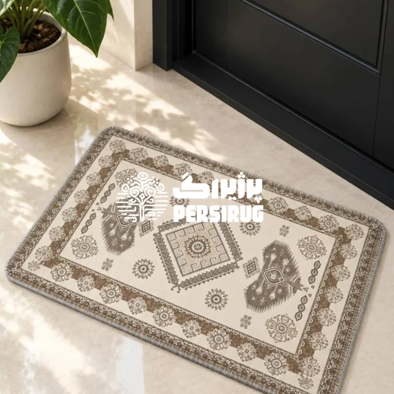 پادری زیره چرم نقش آذین با طرح سنتی و رنگ کرم و قهوه‌ای برای هر دکوراسیونی