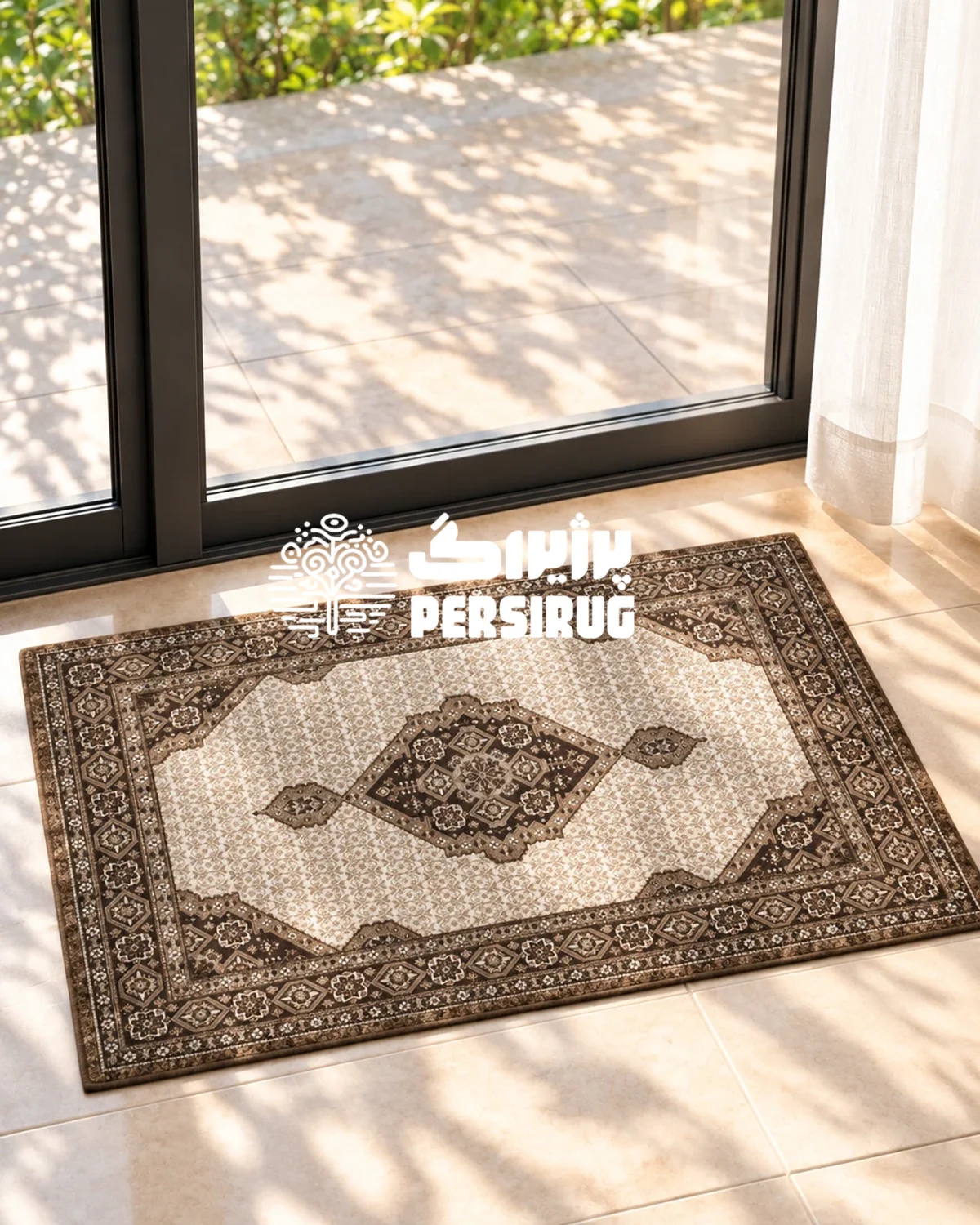 پادری زیره چرم ماه رخ با طرح سنتی و نقش مرکزی ظریف در فضای گرم و دنج اتاق خواب.