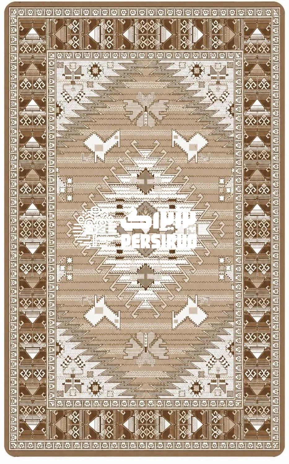 پادری زیره چرم طرح کوهستان با نقوش هندسی عشایری، ترنج مرکزی و رنگبندی کرم و قهوهای الهامگرفته از گلیمهای سنتی ایرانی.