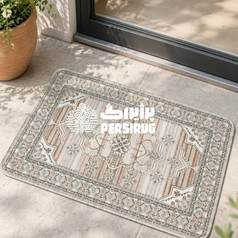پادری زیره چرم سپیدار با طرح اصیل و هندسی، زمینه کرم و ترکیب رنگ طوسی و قهوهای روشن، مناسب دکوراسیون منزل