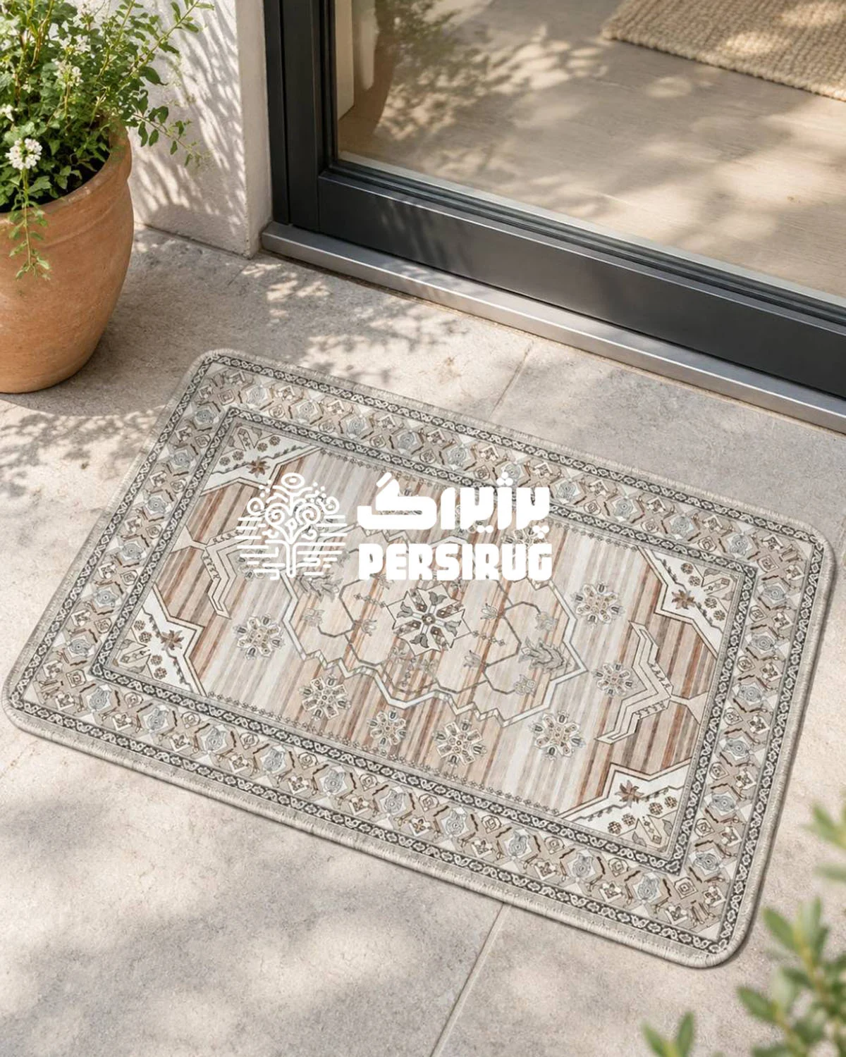 پادری زیره چرم سپیدار با طرح اصیل و هندسی، زمینه کرم و ترکیب رنگ طوسی و قهوهای روشن، مناسب دکوراسیون منزل