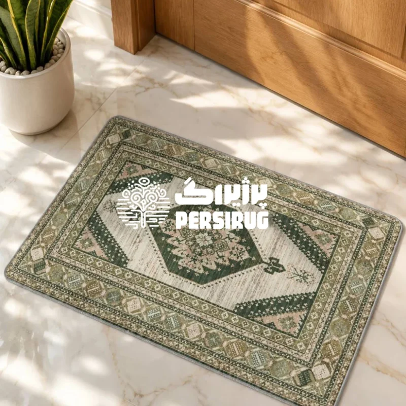 پادری زیره چرم طرح بوم سپیدهدم با نقش ترنج مرکزی، حاشیه ظریف و ترکیب رنگی طوسی، کرم و سبز زیتونی ملایم.