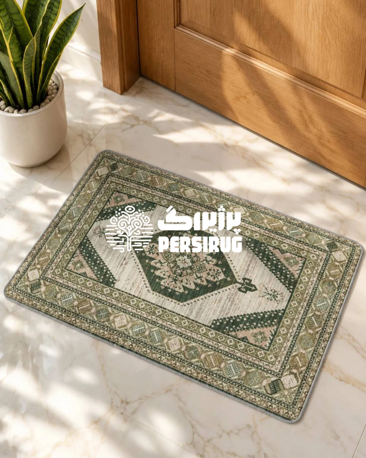 پادری زیره چرم طرح بوم سپیدهدم با نقش ترنج مرکزی، حاشیه ظریف و ترکیب رنگی طوسی، کرم و سبز زیتونی ملایم.