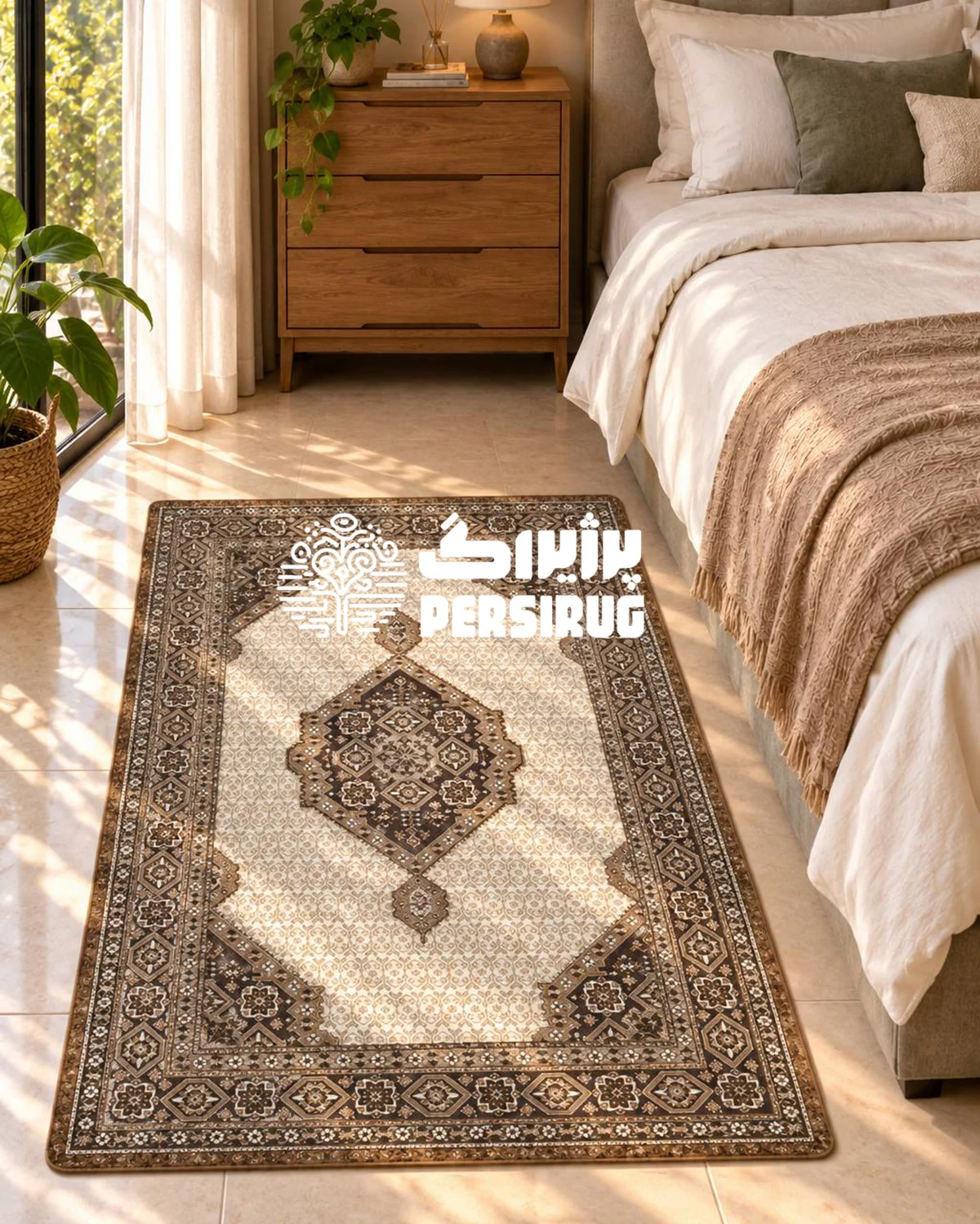 فرشینه زیره چرم ماه رخ با طرح سنتی و نقش مرکزی ظریف در فضای گرم و دنج اتاق خواب.