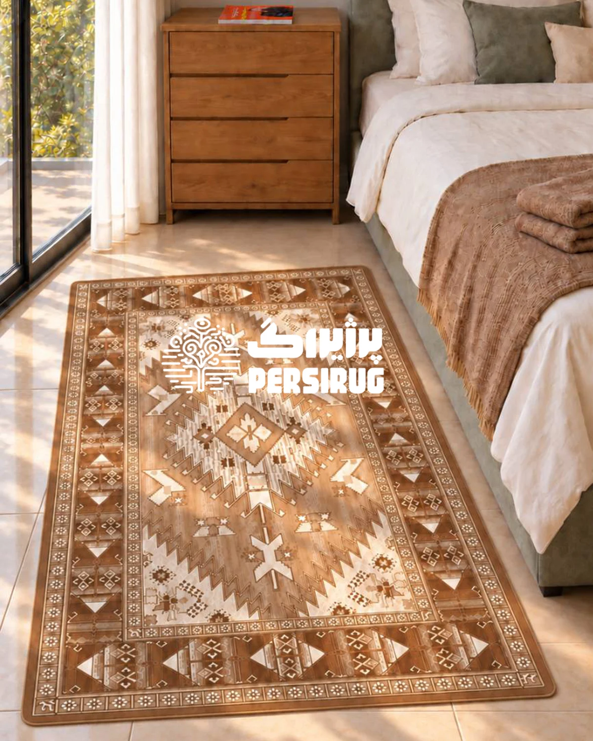 فرشینه زیره چرم کوهستان با نقوش هندسی عشایری، ترنج مرکزی و رنگبندی کرم و قهوهای الهامگرفته از گلیمهای سنتی ایرانی.