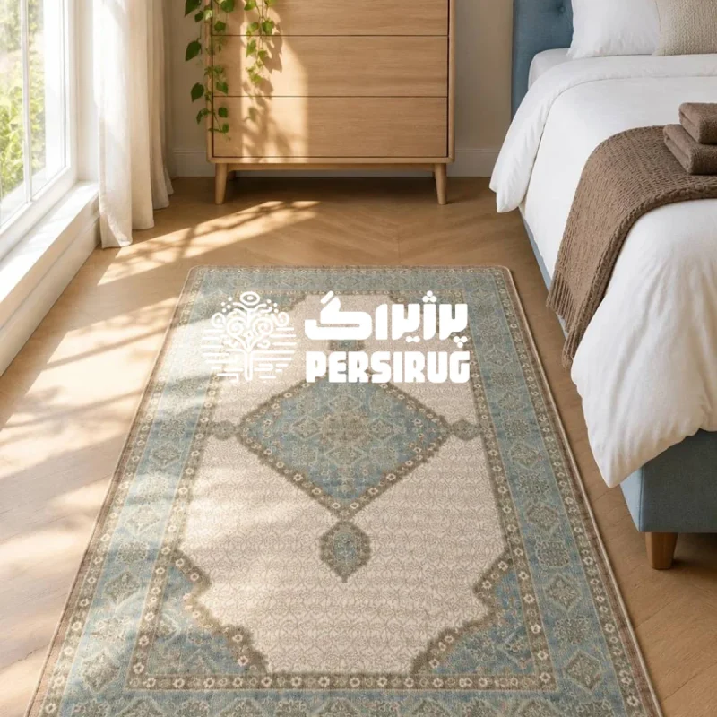 فرشینه زیره چرم طرح نقشِ خانه نمای نزدیک از طرح هندسی و حاشیهٔ نقش خانه.