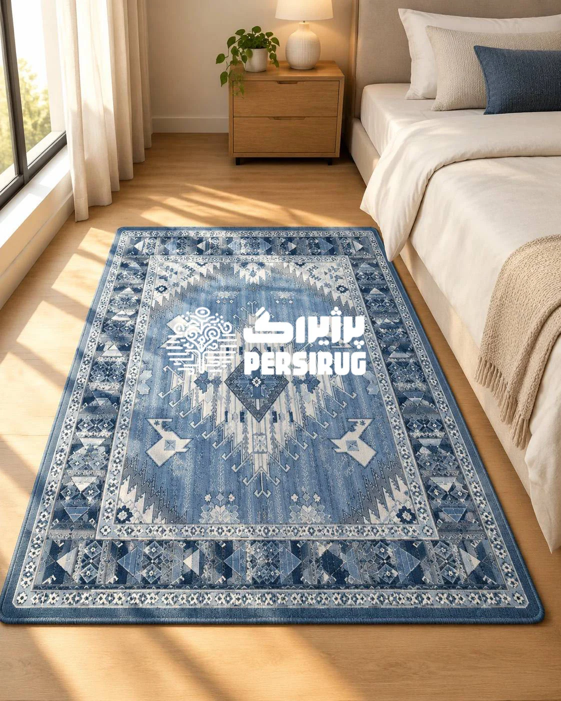 فرشینه زیره چرم نگین آبی با طرح هندسی و سنتی در طیف رنگهای آبی و سفید