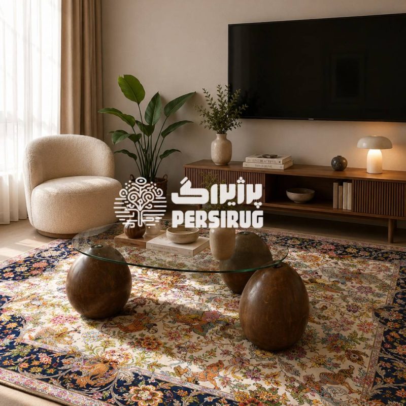 فرشینه شکارگاه سلطنتی با نقوش ظریف گل و پرندگان و ترکیب رنگ سرمهای و کرم، جلوهای اصیل و متفاوت به فضای خانه میدهد.