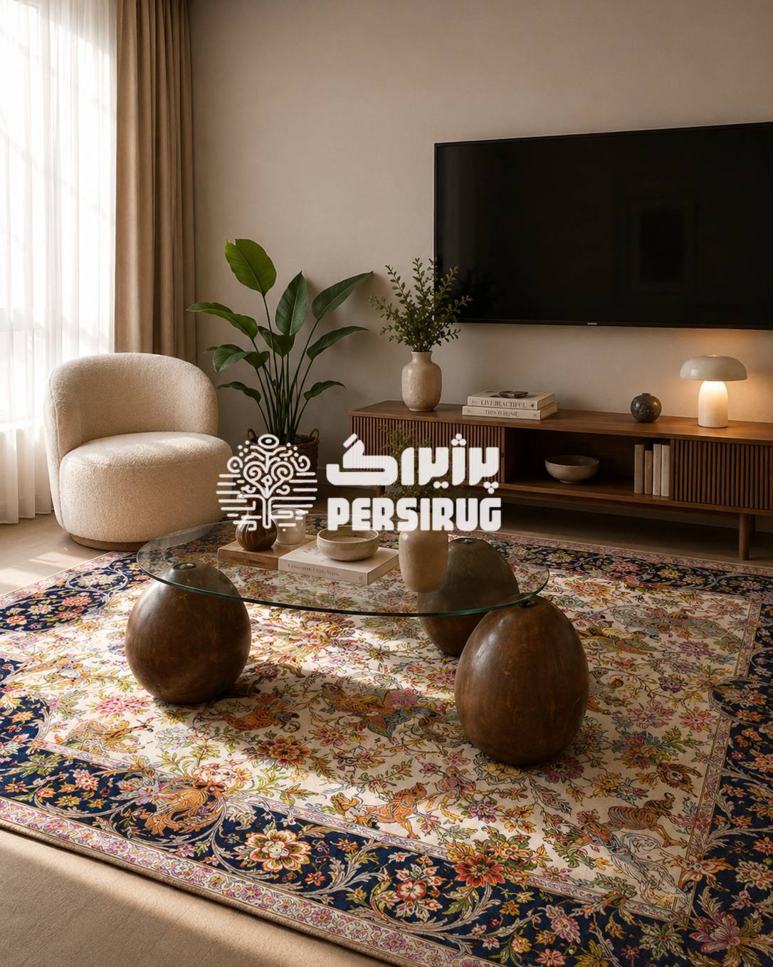 فرشینه شکارگاه سلطنتی با نقوش ظریف گل و پرندگان و ترکیب رنگ سرمهای و کرم، جلوهای اصیل و متفاوت به فضای خانه میدهد.