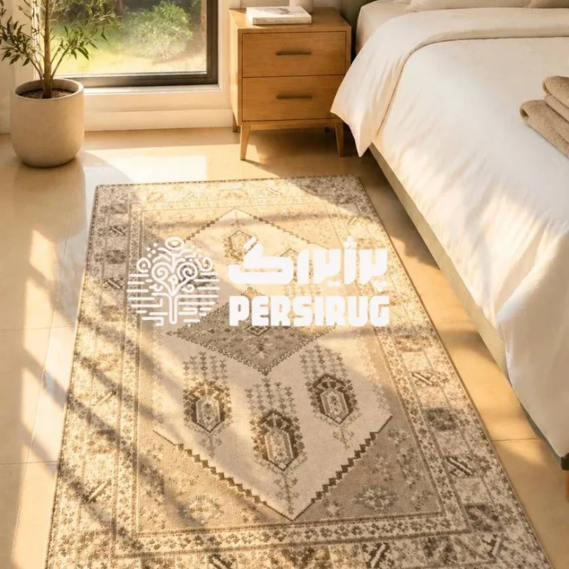 فرشینه مدرن هندسی با طرح سنتی و رنگهای خنثی مناسب دکوراسیون منزل