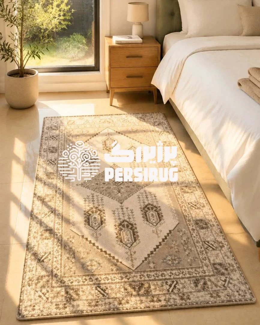 فرشینه مدرن هندسی با طرح سنتی و رنگهای خنثی مناسب دکوراسیون منزل