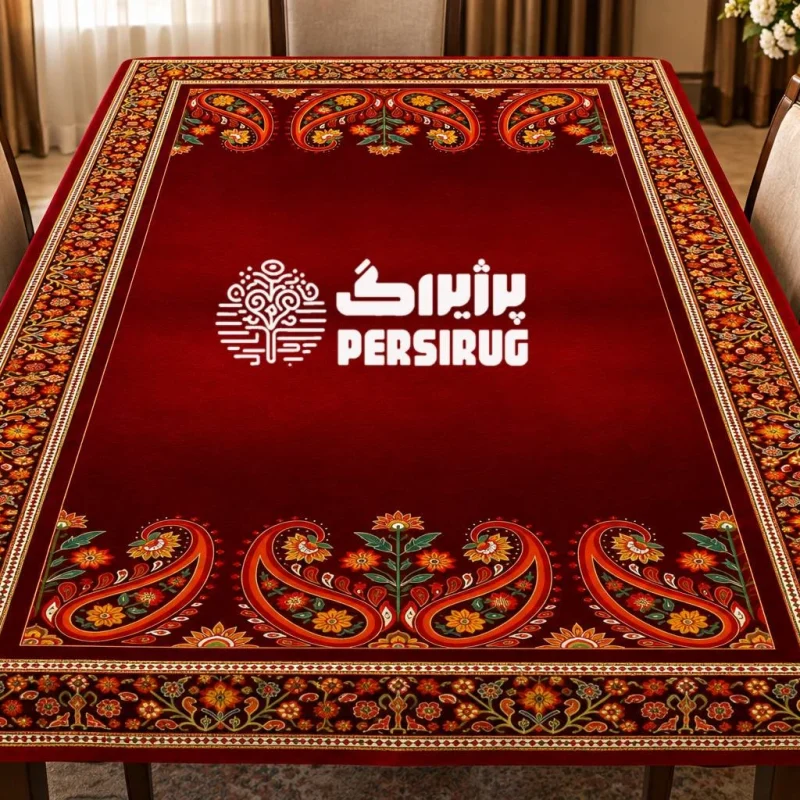 رومیزی ، سفره و روفرشی زرین سرخ با زمینه قرمز و طرح سنتی گل و بوته