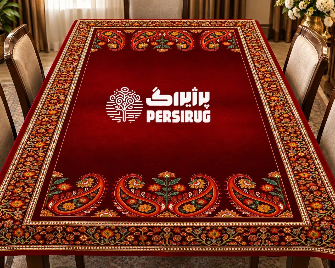 رومیزی ، سفره و روفرشی زرین سرخ با زمینه قرمز و طرح سنتی گل و بوته