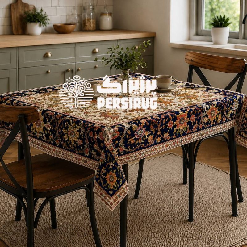 رومیزی ، سفره و روفرشی شکارگاه سلطنتی با نقوش ظریف گل و پرندگان و ترکیب رنگ سرمهای و کرم، جلوهای اصیل و متفاوت به فضای خانه میدهد.