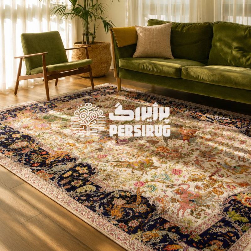 فرش ماشینی شکارگاه سلطنتی با نقوش ظریف گل و پرندگان و ترکیب رنگ سرمهای و کرم، جلوهای اصیل و متفاوت به فضای خانه میدهد.
