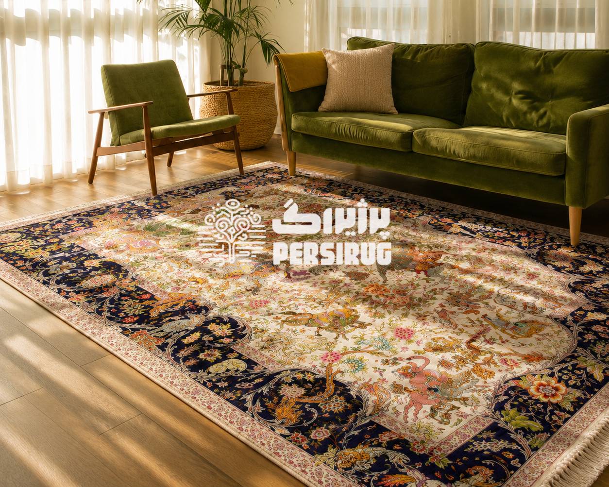فرش ماشینی شکارگاه سلطنتی با نقوش ظریف گل و پرندگان و ترکیب رنگ سرمهای و کرم، جلوهای اصیل و متفاوت به فضای خانه میدهد.