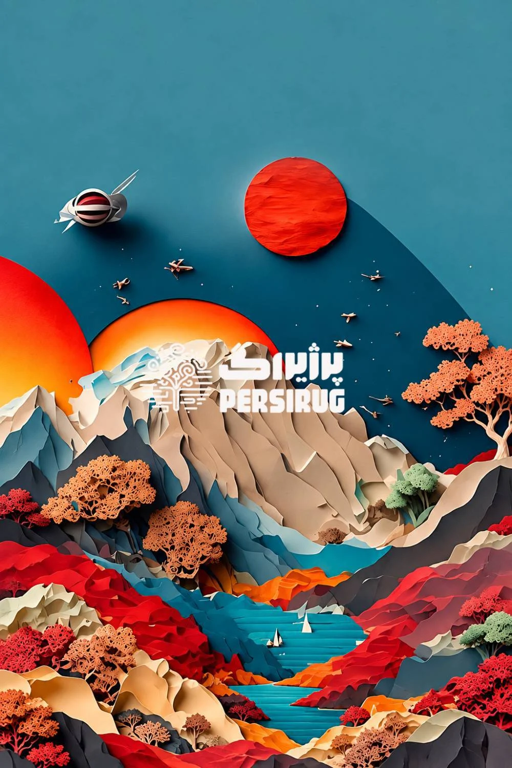 فرش سه بعدی افق سرخ با طرح کوهستان، دریاچه فیروزهای، درختان قرمز و خورشیدهای سرخ در سبک هنری