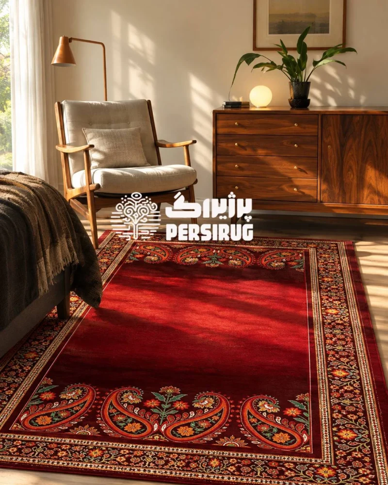 فرشینه زرین سرخ با زمینه قرمز و طرح سنتی گل و بوته