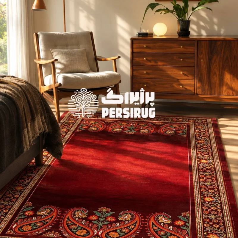 فرشینه آذین رخ با زمینه قرمز و طرح سنتی گل و بوته