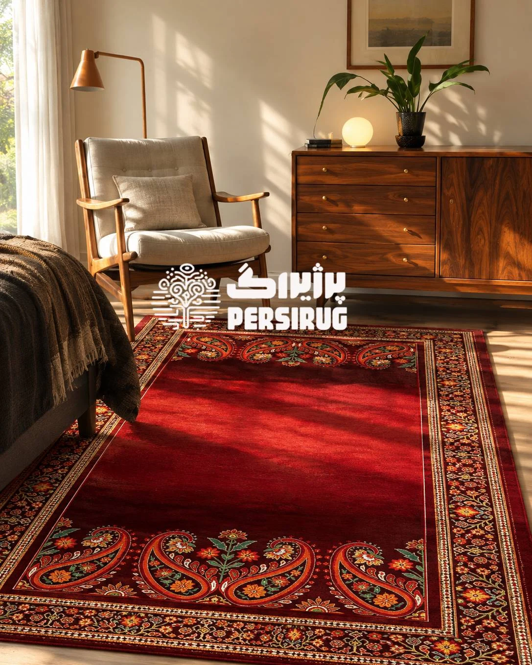 فرشینه زرین سرخ با زمینه قرمز و طرح سنتی گل و بوته